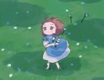  1girl 1nupool brown_hair commentary day dress flower grass highres holding holding_flower medium_hair original outdoors solo wind wind_lift 