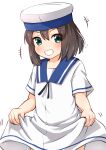  1girl black_hair blue_sailor_collar bob_cut clothes_lift comiching commentary_request cowboy_shot daitou_(kancolle) dress dress_lift grin hat high_ponytail highres kantai_collection lifted_by_self meme sailor_collar sailor_dress sailor_hat short_hair short_sleeves smile solo white_dress white_headwear yajuu_no_gankou_(meme) 