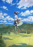  1girl 1other \||/ black_hair black_legwear black_skirt blue_sky building clouds cloudy_sky commentary day field fir_tree fjsmu floating frilled_skirt frills from_side full_body hat highres landscape medium_skirt mountain mountainous_horizon no_wings open_hand outdoors outstretched_arms pantyhose path pointy_ears pom_pom_(clothes) red_footwear red_headwear rice_paddy scarecrow scenery shameimaru_aya shirt short_hair skirt sky tokin_hat touhou tree upskirt white_shirt 