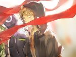  blonde_hair floating_scarf green_hair hood hood_up hoodie jacket kagerou_project kano_shuuya kido_tsubomi looking_back male_focus nuriko-kun red_eyes red_scarf scarf short_sleeves 