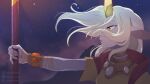  1girl artist_name bandaged_arm bandages bangs breasts colored_skin commentary grey_hair holding holding_staff horns league_of_legends long_hair night odeko_yma outdoors pink_skin pointy_ears profile short_sleeves single_horn sky solo soraka_(league_of_legends) staff star_(sky) starry_sky watermark yellow_eyes 