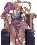  1girl absurdres armchair black_hairband blouse blue_blouse book book_stack buttons chair commentary eyebrows_behind_hair frilled_shirt_collar frilled_sleeves frills full_body hair_ornament hairband head_rest heart heart_button heart_hair_ornament highres holding holding_book jitome komeiji_satori leaning_to_the_side light_blush long_sleeves looking_at_viewer on_chair parted_lips pink_skirt purple_hair red_footwear short_hair simple_background sitting skirt slippers solo third_eye totopepe888 touhou violet_eyes white_background wide_sleeves 