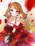  1girl bangs bare_shoulders black_gloves blue_eyes blurry blush brown_hair commentary_request dress eyelashes from_above gloves highres looking_at_viewer looking_up may_(pokemon) medium_hair official_alternate_costume petals pokemon pokemon_(game) pokemon_masters_ex red_dress setta_shu solo 