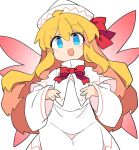  1girl :d bangs blonde_hair blue_eyes bow bowtie capelet dress eyebrows_visible_through_hair fairy fairy_wings ini_(inunabe00) lily_white long_hair long_sleeves looking_at_viewer open_mouth pink_wings red_bow red_bowtie simple_background smile solo touhou upper_body white_background white_capelet white_dress white_headwear wings 