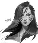  1girl artist_name bangs closed_mouth cropped_shoulders facial_mark grey_background greyscale hailey_(meppinee) kai&#039;sa league_of_legends long_hair monochrome portrait sideways_glance simple_background solo 