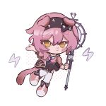  1girl animal_ears arknights black_hairband black_jacket black_skirt blush cat_ears cat_girl cat_tail chibi cosinecocosine eyebrows_visible_through_hair garter_straps goldenglow_(arknights) hair_between_eyes hairband hand_up highres holding holding_staff jacket lightning_bolt_print looking_at_viewer multicolored_clothes multicolored_jacket pink_footwear pink_jacket shoes skirt solo staff tail thigh-highs two-tone_jacket white_legwear yellow_eyes 