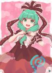 1girl absurdres bangs border bow brown_bow brown_dress collared_dress commentary_request dress eyebrows_visible_through_hair frills green_eyes green_hair hair_bow hands_up highres kagiyama_hina looking_at_viewer medium_hair open_mouth pink_background puffy_short_sleeves puffy_sleeves red_dress short_sleeves smile solo standing teeth tongue touhou white_border zanasta0810 