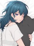  1girl bangs banned_artist bare_shoulders bed_sheet blue_eyes blue_hair bra byleth_(fire_emblem) byleth_eisner_(female) commentary_request fire_emblem fire_emblem:_three_houses highres holding holding_stuffed_toy long_hair looking_at_viewer object_hug off-shoulder_shirt off_shoulder one_eye_closed parted_lips see-through shimizu_akina shirt short_sleeves solo stuffed_toy underwear upper_body white_shirt 