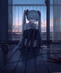 1girl absurdres balcony bare_shoulders black_legwear blood blood_on_clothes blood_on_face blood_splatter blue_eyes blue_hair blue_necktie clouds commentary cracked_glass curtains detached_sleeves full_body hand_on_own_knee hatsune_miku headphones highres indoors knees_up long_hair necktie sakiika0513 sitting sky solo spring_onion stool sunset tears thigh-highs twintails vocaloid 