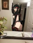  1girl artist_logo ass backless_outfit bathroom between_buttocks black_hair black_legwear black_skirt blue_eyes blurry blurry_background blush breasts butt_crack cellphone cowboy_shot dated eyebrows_visible_through_hair hair_between_eyes highres holding holding_phone hong_doo kill_la_kill korean_commentary looking_at_viewer matoi_ryuuko medium_breasts microskirt mirror multicolored_hair nervous_smile open_mouth phone photo_background redhead reflection revealing_clothes selfie senketsu short_hair sideboob skirt smartphone solo standing streaked_hair suspenders sweatdrop thigh-highs thighs two-tone_hair 