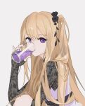  1girl arknights black_flower black_gloves blonde_hair closed_mouth cup dress drink drinking drinking_glass elbow_gloves fingerless_gloves flower gloves hair_flower hair_ornament highres holding holding_cup indigo_(arknights) indigo_(serene_day)_(arknights) jinqing knee_up long_hair looking_at_viewer official_alternate_costume one_side_up purple_dress simple_background sitting sleeveless sleeveless_dress solo very_long_hair violet_eyes white_background 