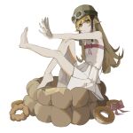  1girl arthuralucard1 bakemonogatari barefoot blonde_hair doughnut dress feet food goggles goggles_on_headwear helmet highres long_hair looking_at_viewer monogatari_(series) motorcycle_helmet nisemonogatari oshino_shinobu pointy_ears ribbon sitting stretch sundress toes yellow_eyes 