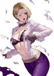  1girl blonde_hair bow bowtie bra breasts earrings fingerless_gloves gloves jewelry king_(snk) midriff nail_polish one_eye_closed phamoz short_hair the_king_of_fighters the_king_of_fighters_xv torn_clothes underwear 