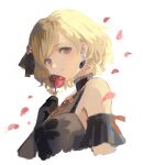  1girl aco_gbfg arm_garter bangs bare_shoulders black_dress black_gloves blonde_hair closed_mouth cropped_torso djeeta_(granblue_fantasy) dress earrings flower gloves granblue_fantasy hair_behind_ear hair_ornament highres holding holding_flower jewelry looking_at_viewer petals rose short_hair simple_background sleeveless sleeveless_dress smile solo upper_body white_background 
