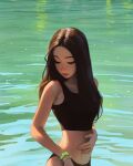  1girl bare_arms bare_shoulders black_hair closed_mouth highres lips long_hair looking_down partially_submerged sam_yang solo stomach swimsuit water 