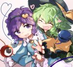  2girls :d black_eyes black_hairband black_headwear blouse blue_blouse blush buttons closed_eyes commentary eyebrows_visible_through_hair frilled_shirt_collar frilled_sleeves frills glomp green_hair green_skirt hair_between_eyes hair_ornament hairband happy hat hat_ribbon heart heart_button heart_hair_ornament heart_of_string hug komeiji_koishi komeiji_satori long_sleeves looking_at_another medium_hair multiple_girls nose_blush open_mouth pink_skirt purple_hair ribbon ribbon_trim siblings simple_background skirt smile third_eye tongue touhou uisu_(noguchipint) upper_body violet_eyes wavy_hair white_background wide_sleeves yellow_blouse yellow_ribbon 