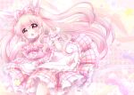  1girl animal_ears apron blush bow chiika_(cure_cherish) dress eyebrows_visible_through_hair frilled_dress frills gingham long_hair looking_at_viewer neck_ribbon open_mouth original pink_bow pink_eyes pink_hair puffy_short_sleeves puffy_sleeves rabbit_ears ribbon short_sleeves smile star_(symbol) two_side_up wings wrist_cuffs 