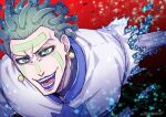  1boy amputee cioccolata earrings eyeliner facial_mark green_eyes green_hair jewelry jojo_no_kimyou_na_bouken lipstick makeup male_focus purple_lips slime_(substance) solo tanakaoften vento_aureo 