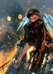  1girl ankle_boots bare_legs blurry blurry_background boots clock clock_tower coat fur-trimmed_boots fur_trim garuku grey_hair hat looking_at_viewer magic on_roof original outdoors plaid_headwear rooftop scarf snow snowing solo tower weapon white_footwear 
