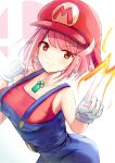  1girl alternate_costume bangs breasts chest_jewel cosplay fire hat highres karuushi large_breasts mario mario_(cosplay) overalls pyra_(xenoblade) red_eyes redhead short_hair solo super_mario_bros. super_mario_bros. swept_bangs 