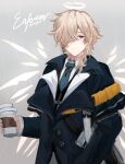  1boy arknights bangs black_jacket blue_necktie blue_sealad character_name coffee_cup cup disposable_cup enforcer_(arknights) grey_background hair_over_one_eye halo highres holding holding_cup jacket long_sleeves looking_at_viewer male_focus necktie short_hair silver_hair smile solo upper_body violet_eyes 