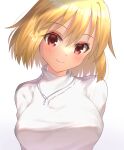  1girl arcueid_brunestud arms_behind_back bangs blonde_hair blush breasts closed_mouth eyebrows_visible_through_hair hair_between_eyes head_tilt highres itsuka_neru jewelry large_breasts looking_at_viewer necklace red_eyes short_hair simple_background smile solo sweater tsukihime tsukihime_(remake) turtleneck turtleneck_sweater upper_body white_background white_sweater 