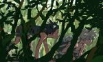  2boys black_hair crawling from_side gon_freecss highres hunter_x_hunter killua_zoldyck looking_ahead male_focus mito_tomiko multiple_boys nature outdoors plant shorts sleeveless spiky_hair squatting white_hair 