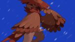  beak bird_tail blue_background body_fur brown_eyes brown_fur closed_mouth commentary_request from_side furry hand_up highres pokemon pokemon_(creature) red_headwear simple_background snowing solo tail v_(govvvvw) white_fur wings 