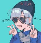  1girl aqua_background beanie blue_sweater braid commentary_request english_text grey_scarf hat heart heart-shaped_eyewear open_mouth original orniflop portrait scarf short_hair smile solo sunglasses sweater white_hair 