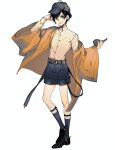  1boy belt black_footwear black_hair black_legwear brown_eyes contrapposto dress_shirt full_body grey_headwear hat highres holding jacket male_focus original orniflop pipe shirt shoes short_hair shorts simple_background socks solo white_background white_shirt yellow_jacket 