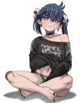  1girl bandaid bandaid_on_knee bandaid_on_leg bangs bare_legs barefoot black_choker black_nails black_shirt blue_hair blush choker clothes_writing collarbone commentary crossed_legs earrings english_commentary feet full_body green_panties hair_between_eyes hair_ornament hand_under_clothes hand_under_shirt highres jewelry jourd4n long_sleeves looking_at_viewer my_chemical_romance nail_polish navel no_pants off-shoulder_shirt off_shoulder original panties parted_lips pink_eyes shirt simple_background single_bare_shoulder sitting skull_hair_ornament solo striped striped_panties toenail_polish toenails twintails underwear white_background 