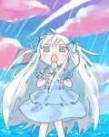  1girl 1nupool :o blush_stickers commentary dress gloves highres long_hair microphone music ocean original outdoors shooting_star singing sky solo very_long_hair white_hair 