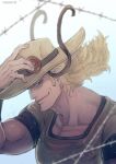  1boy adjusting_clothes adjusting_headwear blonde_hair blue_eyes cowboy_hat grin hat highres hol_horse jojo_no_kimyou_na_bouken long_hair mullet sideburns smile solo stardust_crusaders tanakaoften 