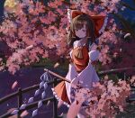  1girl bangs bow bridge brown_hair cherry_blossoms closed_mouth detached_sleeves eyebrows_visible_through_hair gohei hair_bow hair_tubes hakurei_reimu highres holding medium_hair nontraditional_miko outdoors red_bow red_eyes ribbon-trimmed_sleeves ribbon_trim shide sketch_book27 solo standing touhou tree wide_sleeves 