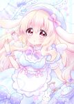  1girl animal_ears apron blonde_hair blue_dress blush bow breasts chiika_(cure_cherish) dress eyebrows_visible_through_hair flower_(symbol) hat highres large_breasts long_hair looking_at_viewer open_mouth original pin pincushion pink_bow pink_eyes puffy_short_sleeves puffy_sleeves rabbit rabbit_ears short_sleeves solo solo_focus spool tareme very_long_hair wrist_cuffs 