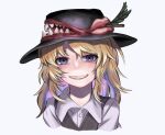  adapted_costume bangs black_headwear black_vest blonde_hair blue_eyes collared_shirt evil_grin evil_smile face fedora grin hat hat_feather highres jacket_girl_(dipp) lips long_hair long_sleeves looking_at_viewer sharp_teeth shirt simple_background smile teeth touhou vest white_background white_shirt yonoisan 