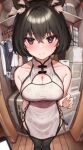  1girl animal_ear_fluff animal_ears bangs bare_arms bare_shoulders black_hair black_hairband black_legwear blurry blurry_background blush box breasts cat_ears china_dress chinese_clothes claw_pose cleavage_cutout clothes_hanger clothing_cutout collarbone commentary_request dress eyebrows_visible_through_hair eyes_visible_through_hair fake_animal_ears fisheye hair_between_eyes hairband highres indoors looking_at_viewer medium_breasts mole mole_on_breast original shirokuma_1231 short_hair side_slit solo sweatdrop thigh-highs violet_eyes wooden_floor 
