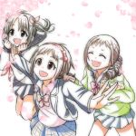  3girls brown_hair cherry_blossoms highres idolmaster idolmaster_cinderella_girls imai_kana jacket kuhuku120 multiple_girls muramatsu_sakura oohara_michiru open_clothes open_jacket plaid plaid_skirt ribbon school_uniform short_twintails skirt twintails 