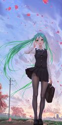  1girl :d absurdres aqua_eyes aqua_hair bag black_legwear black_skirt black_vest cityscape day full_body hatsune_miku highres himitsu_(hi_mi_tsu_2) holding holding_bag long_hair long_sleeves miniskirt outdoors pantyhos_footwear petals power_lines scenery shirt shoes skirt smile solo twintails very_long_hair vest white_shirt wind 