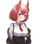  1girl animal_ears arknights bird_ears black_jacket black_skirt blush chewycandy eyebrows_visible_through_hair fiammetta_(arknights) highres id_card jacket looking_at_viewer necktie off_shoulder open_clothes open_jacket red_eyes red_necktie redhead shirt short_hair short_necktie simple_background skirt solo upper_body white_background white_shirt 