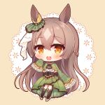  1girl :d animal_ears bangs black_legwear blush boots braid brown_background brown_eyes brown_hair center_frills chibi commentary_request doily eyebrows_visible_through_hair frilled_sleeves frills full_body green_jacket green_skirt hair_between_eyes horse_ears jacket long_hair long_sleeves looking_at_viewer multicolored_hair pleated_skirt satono_diamond_(umamusume) shirt skirt sleeves_past_fingers sleeves_past_wrists smile solo teeth thigh-highs thighhighs_under_boots two-tone_hair umamusume upper_teeth very_long_hair white_footwear white_shirt yukiyuki_441 