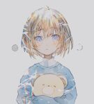 1girl blue_eyes blue_sweater brown_hair commentary_request crescent_moon highres light_blush long_sleeves looking_at_viewer moon object_hug original parted_lips short_hair sleeves_past_wrists solo stuffed_animal stuffed_toy sweater teddy_bear twitter_username upper_body warabimoti_yoz 