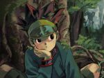  1boy black_eyes black_hair brown_eyes forest gon_freecss hand_on_own_chin hat hunter_x_hunter looking_to_the_side male_focus mito_tomiko nature outdoors parted_lips plant solo 