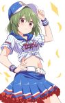  adjusting_clothes adjusting_headwear arm_up bangs baseball_cap belted_skirt blue_headwear blue_skirt blush breasts chestnut_mouth collarbone commentary confetti frills green_hair hand_on_hip hat hooded_shirt idolmaster idolmaster_million_live! jewelry looking_at_viewer medium_breasts midriff nagayoshi_subaru navel necklace pinstripe_pattern pinstripe_shirt pleated_skirt red_eyes shirt short_hair short_sleeves sidelocks skirt solo striped taka_(suigendou) tied_shirt white_background white_shirt wristband 