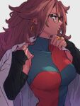  1girl android_21 blue_eyes breasts checkered_clothes checkered_dress dragon_ball dragon_ball_fighterz dress earrings glasses grey_background hoop_earrings jewelry kemachiku labcoat long_hair looking_away medium_breasts parted_lips redhead ring simple_background solo upper_body 