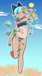  1girl ;&lt; aqua_eyes aqua_hair arm_at_side arm_up armpit_crease bangs bare_arms bare_legs bare_shoulders beach blue_bow blue_sky blush bow bright_pupils casual_one-piece_swimsuit cirno closed_mouth clouds covered_navel day detached_wings english_commentary eyebrows_visible_through_hair flat_chest flower full_body furrowed_brow gris_swimsuit hair_bow half-closed_eyes hot leaf leg_up legs looking_away looking_to_the_side meme_attire morning_glory navel no_nose one-piece_swimsuit one_eye_closed organsoup outdoors outline pink_flower plant pointy_ears sand see-through see-through_swimsuit shore short_hair sky solo standing stomach strapless strapless_swimsuit summer sun sweat swept_bangs swimsuit tan tanned_cirno touhou vines white_outline white_pupils wings wiping_forehead wiping_sweat 