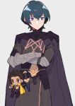  1boy armor bangs black_armor black_cape black_gloves blue_hair byleth_(fire_emblem) byleth_eisner_(male) cape character_doll claude_von_riegan closed_mouth crossed_arms dagger do_m_kaeru doll expressionless eyebrows_visible_through_hair fire_emblem fire_emblem:_three_houses gauntlets gloves grey_background hair_between_eyes knife looking_away male_focus sheath sheathed short_hair simple_background violet_eyes weapon 