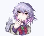  1girl beige_jacket bird_wings black_eyes bow bowtie collared_shirt commentary_request face feathered_wings hand_on_own_face highres kishin_sagume light_purple_hair looking_at_viewer purple_shirt red_bow red_bowtie shirt simple_background single_wing touhou white_background white_wings wings yonoisan 