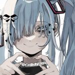  1girl black_shirt blue_eyes blue_hair blush collared_shirt ear_piercing earrings hair_over_one_eye hatsune_miku heart heart_hands jewelry long_hair looking_at_viewer one_eye_covered piercing ribbon_akai shirt smile solo stud_earrings twintails vocaloid white_background 