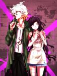  1boy 1girl bangs black_pants blue_skirt brick_wall brown_hair chain collarbone cowboy_shot danganronpa_(series) danganronpa_2:_goodbye_despair dosugon green_jacket grey_hair hands_up index_finger_raised jacket komaeda_nagito long_sleeves messy_hair mole mole_under_eye multicolored_hair nurse open_clothes open_jacket own_hands_together pants pink_eyes pink_shirt pleated_skirt print_shirt shirt short_sleeves skirt tsumiki_mikan two-tone_hair white_shirt 